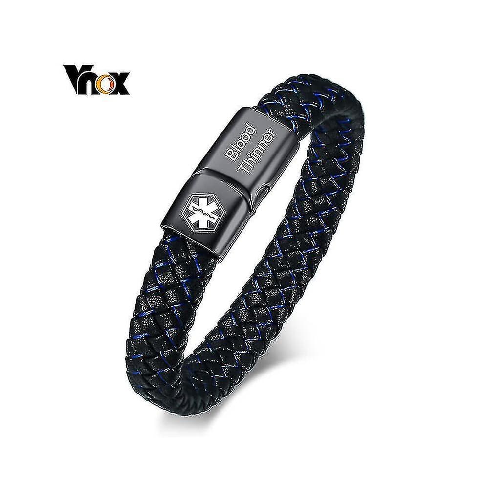 (Blood Thinner7, 19.5cm) Medical Men's Id Bracelet Braided Leather Bangle With Clasp Diabetes Copd Alzheimer Personalized Jewelry