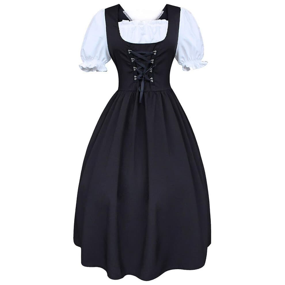 (5XL) S-5xl Women's Midi Dirndl Dress 2-pieces With Apron And Blouse Black White