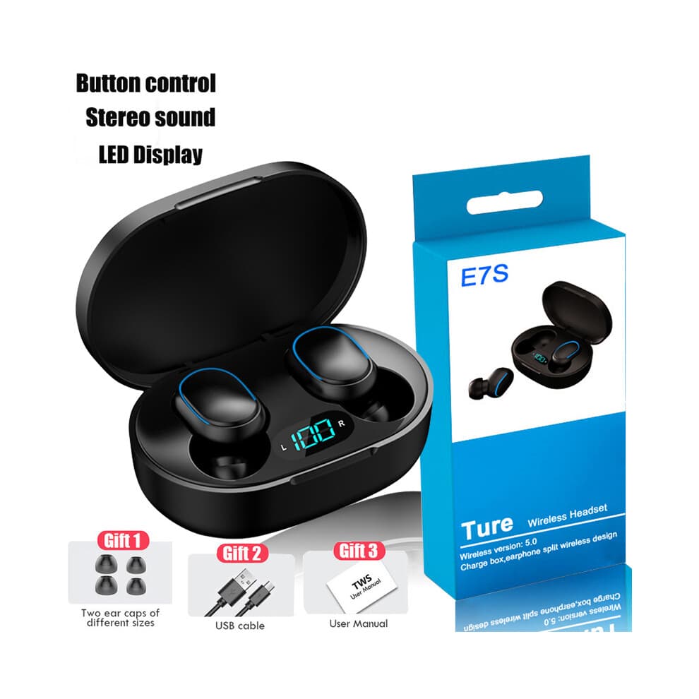 (Black) E7S Wireless Bluetooth Earphones Earset Stereo Headphones Sport Noise