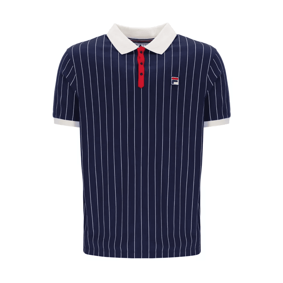 (NAVY/GARDENIA , SMALL) Fila Men's Retro Classic Cotton Striped Polo Shirt