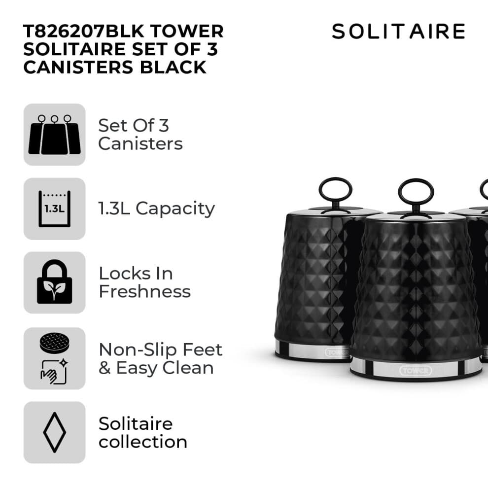 Tower Solitaire 3-Canister Set with Mirror-Finish Steel Lids, Airtight, Black - T826207BLK