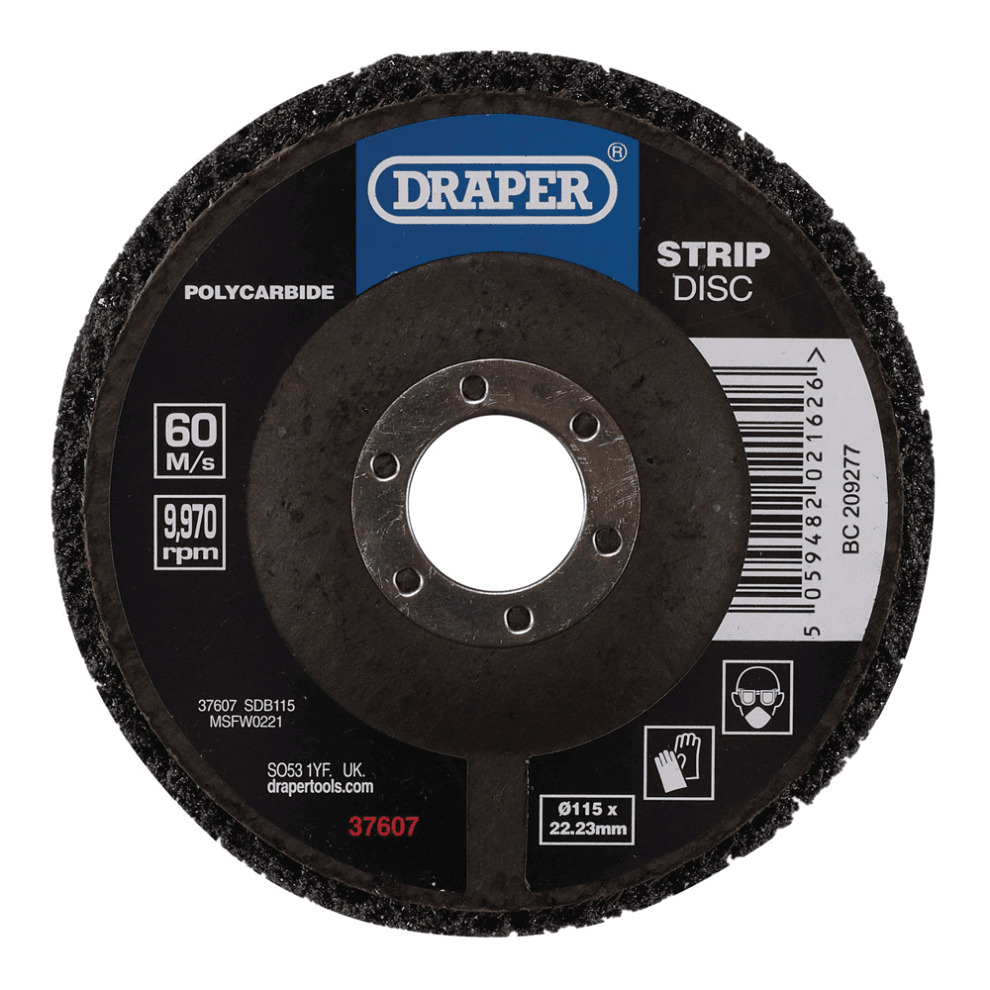 Draper 115MM POLYSTRIP DISC BLACK 37607 Black Polycarbide Strip Disc, 115mm, 22.23mm, 180 Grit