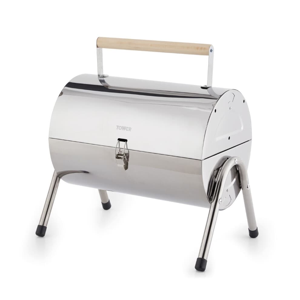 Tower Portable Barrel Grill, Wooden Carry Handle, Safety Locking Mechanism, Stainless Steel T978574