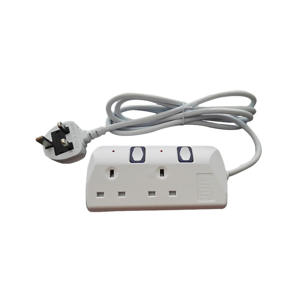 UK Plug 2-Gang Extension Lead with Switches, 2m/6.6ft, 13A, Fireproof & Heat-Resistant, Wall-Mountable, Portable White