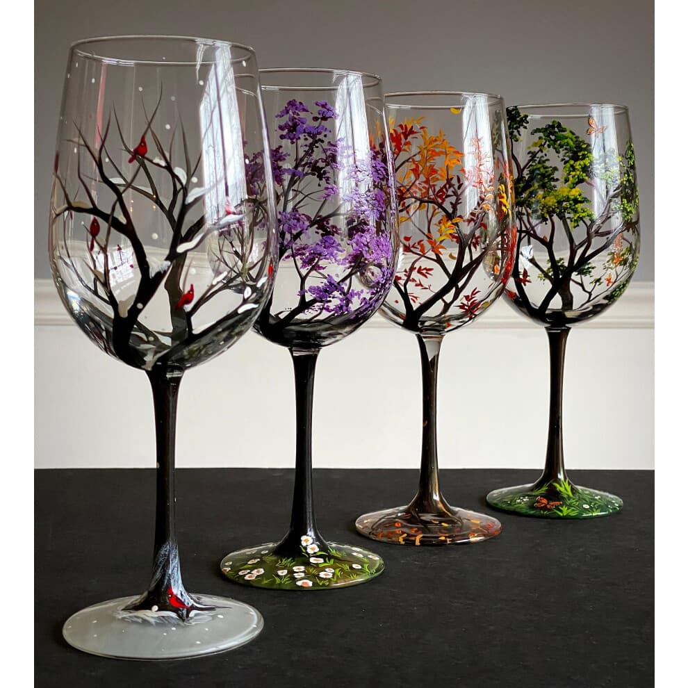 (Summer 1pc) Four Seasons Tree Wine Glasses Spring Summer Winter Fall Set Of Four Hand Painted Art Unique Wedding Anniversary Birthday Housewarming Gi