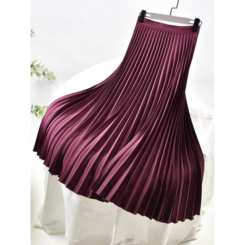 (claret, L) Women Spring Autumn Elegant Chic Solid Pleated Skirt High Waist Luxury Fashion With Elastic Female C-035