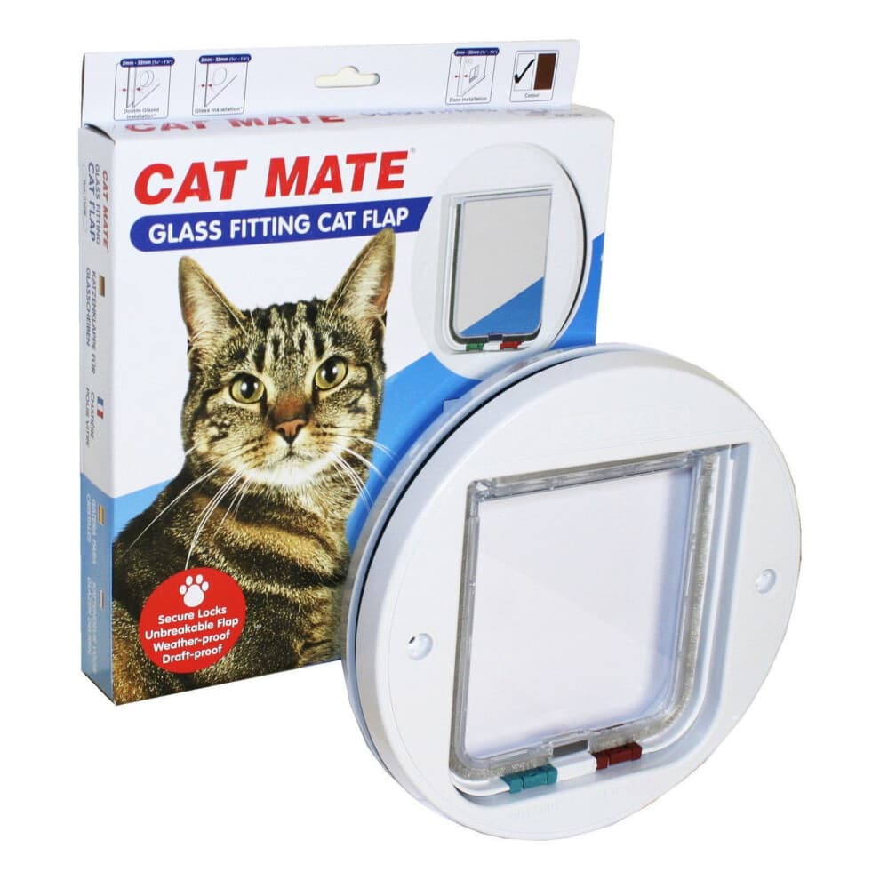 Cat Mate 210W Glass Fitting Cat Flap - 4-Way Lock, Silent Action, White, Fits 0-30mm Panels