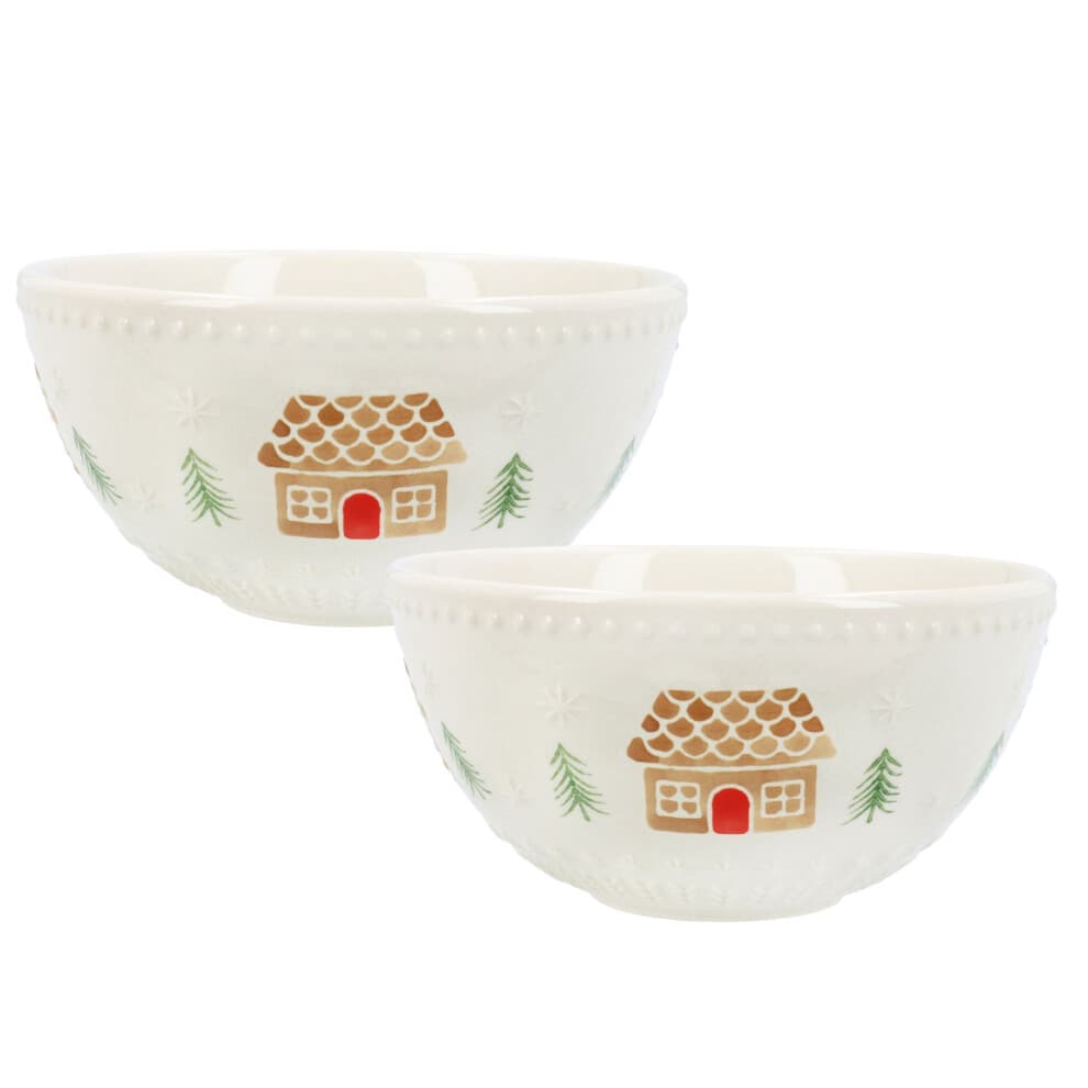 Pack of 2 Gingerbread House Stoneware Bowl | Christmas Snack Nibbles Bowl | Festive Serving Dish Christmas Serving Bowl Xmas Bowl - 12cm