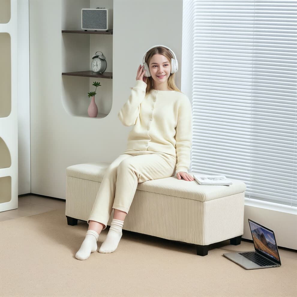 (White) HOMCOM Storage Ottoman with Lid, 112cm Bench Chest Box