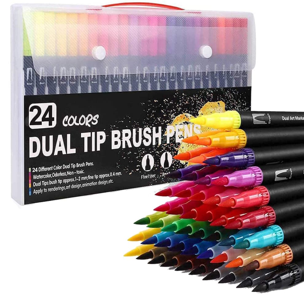 Colouring Pens 24 Colours Dual Brush Felt Tip Art Markers Drawing, Painting, Calligraphy, Books
