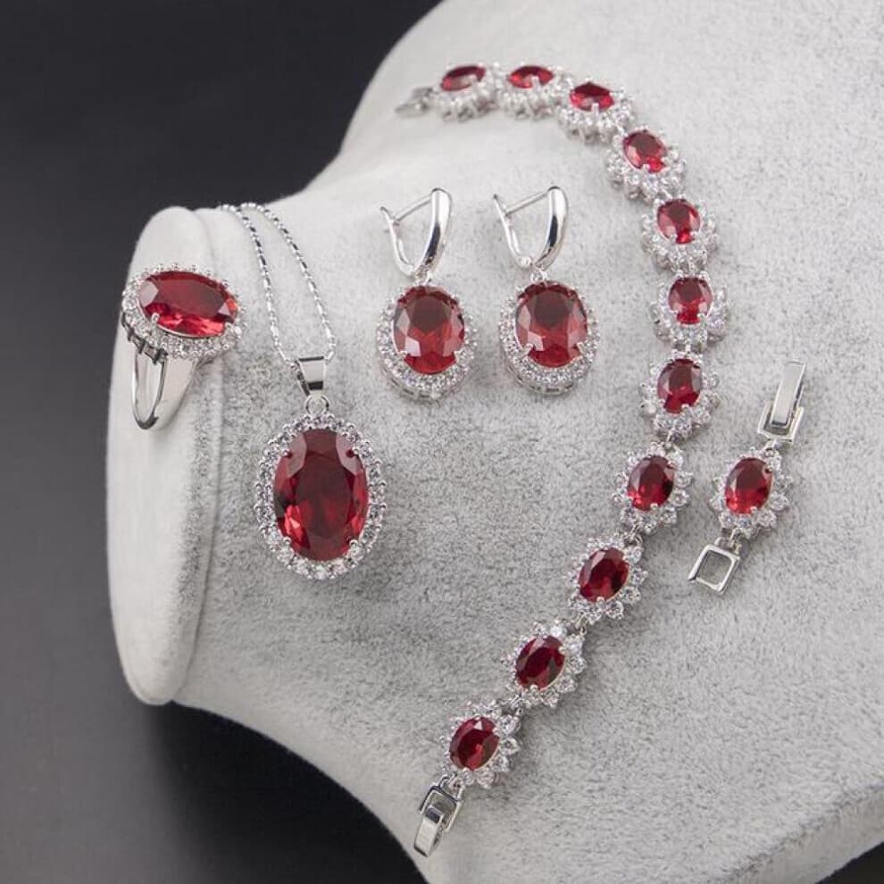 (red, 9) Ring Earrings Necklace Bracelet 925 Silver Jewelry Set Oval Shape Zircon Gemstone Accessories For Women Wedding Party
