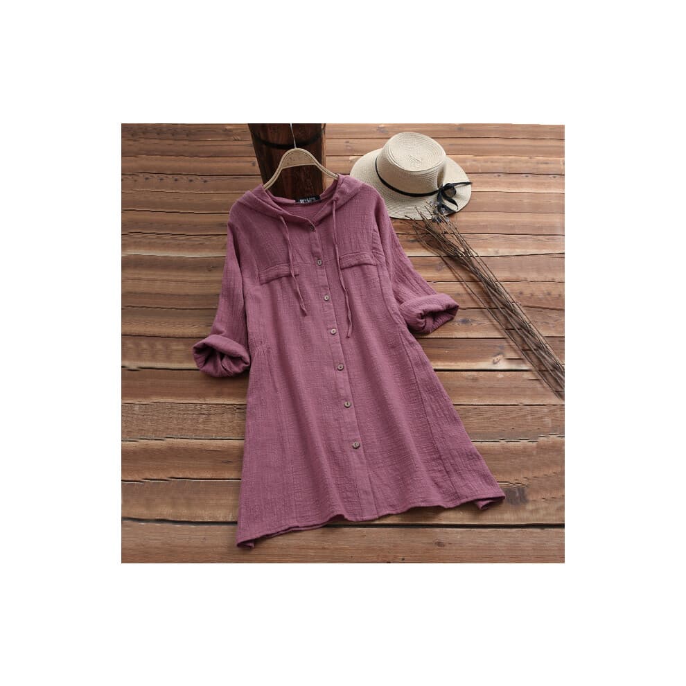 (fuchsia, XXXL) Women's Drawstring Cotton and Linen Solid Color Hat Loose Hooded Long Sleeve Cardigan Shirt