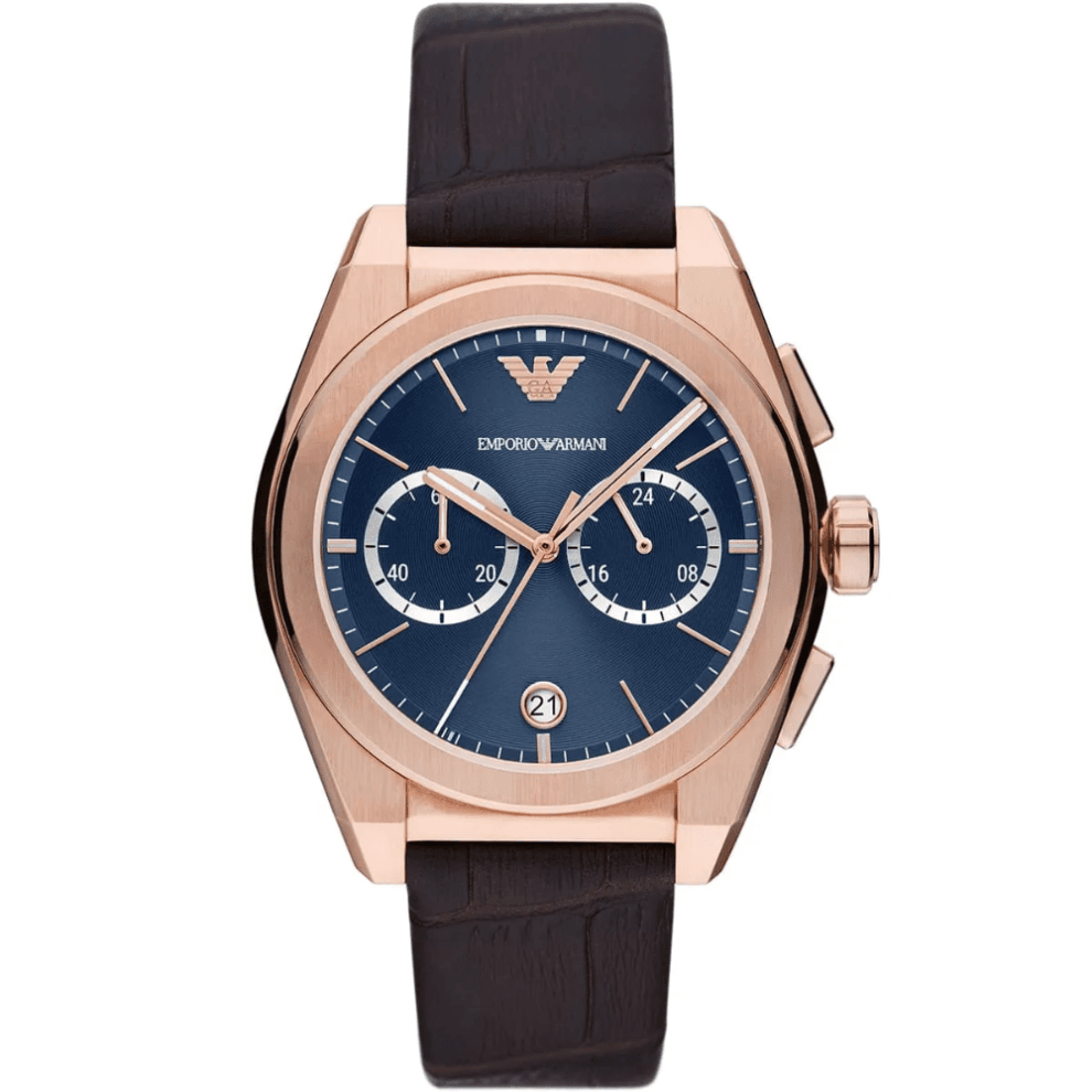 Emporio Armani AR11563 Federico Chronograph Watch - Blue Dial, Brown Leather Strap, 43mm, 50m WR, Stainless Steel, Quartz - ced-49636420419903