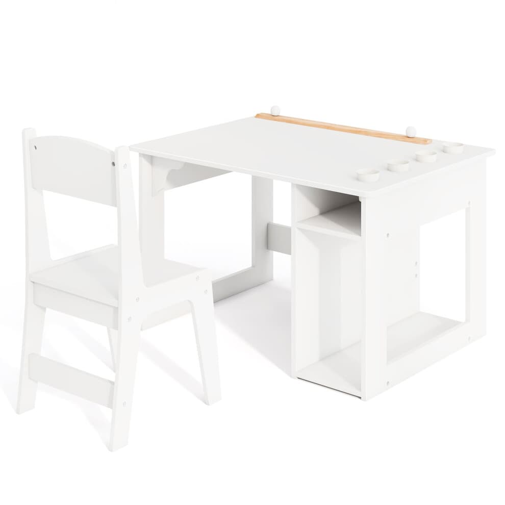 Kid's Art Table & Chair Set with 4 Paint Cups & 2 Storage Shelves White