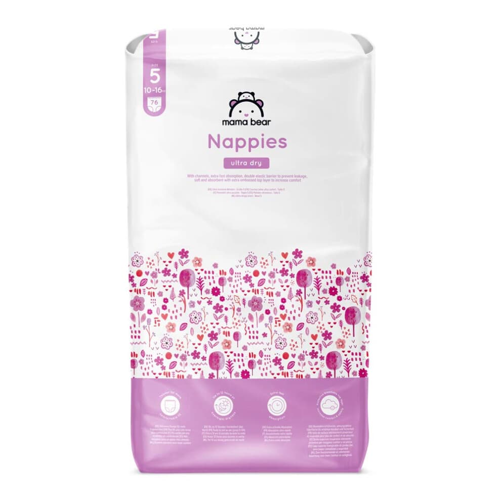 Amazon Brand - Mama Bear Ultra Dry Nappies, Size 5 (10-16 kg), 76 Count, White