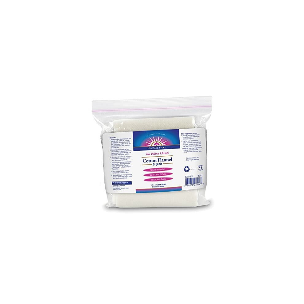 Heritage Store Cotton Organic Flannel  Use in Castor Oil Pack  Natural & Unbleached, Sewn in USA  Reusable  13 x 15