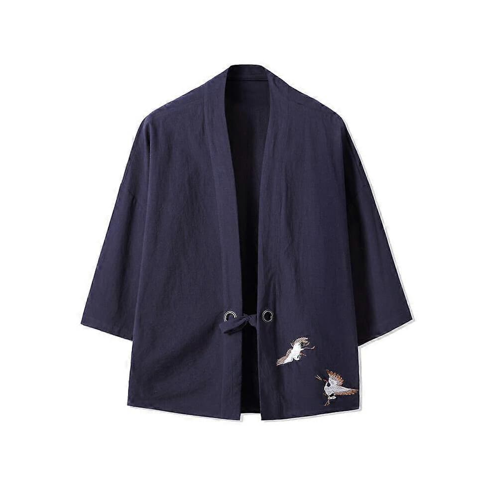 (XXL, navy blue) Embroidery Haori Kimono Harajuku Japanese Style Plus Size Men Samurai Costume Yukata Asian Clothes Cardigan Women Jacket