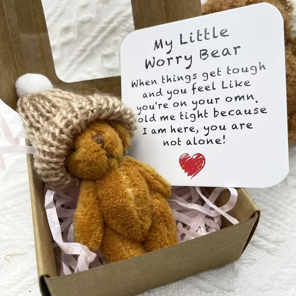 (Yellow) [Pocket-Sized Worry Bear Gift] 1pc My Little Worry Bear Miniature Gift Box with Encouraging Card - Pocket-Sized Bear Hug Keepsake