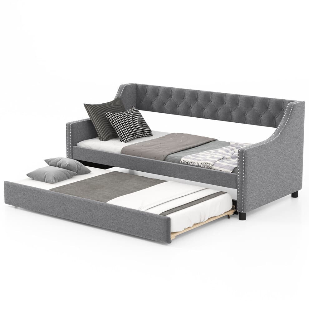 Single Size Trundle Bed Linen Upholstered Daybed w/ Trundle Sofa Bed Frame