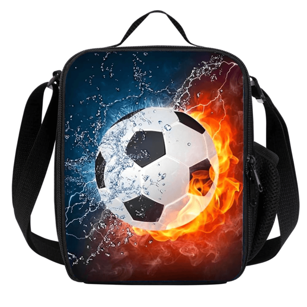 Football Lunch Box Bag Boys Girls,Reusable Cooler Warm Tote with Bottle Holder, for School Camping Travel Picnic
