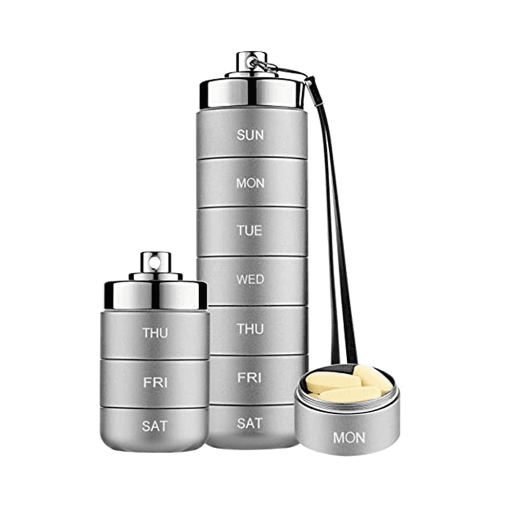 Metal Pill Organizer Weekly,Stackable Waterproof Travel Box,Pill Case Container,7 Day Daily Medicine Grey