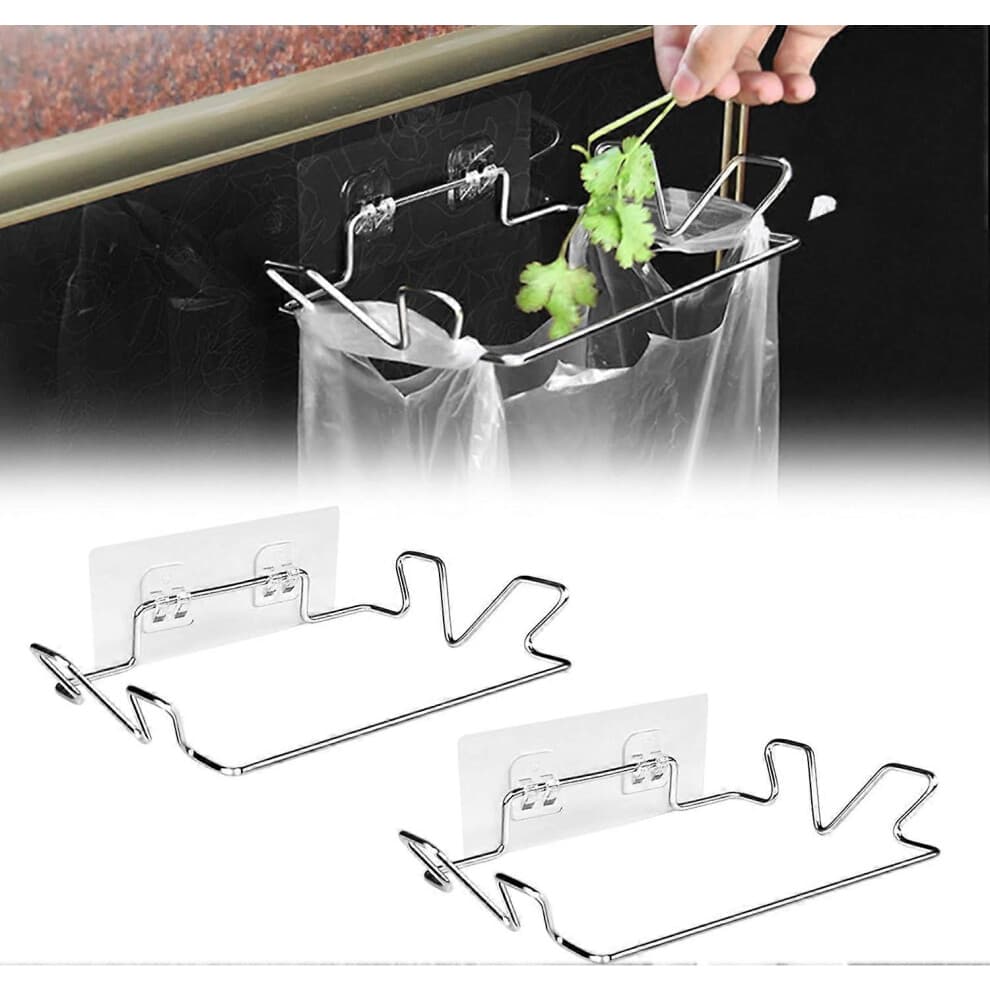 (As show, One size) Trash Bag Holder 2 Pieces (with Wall Stickers), Garbage Bag Holder for Kitchen, Stainless Steel Trash Bag Holder, Hanging Trash Ba