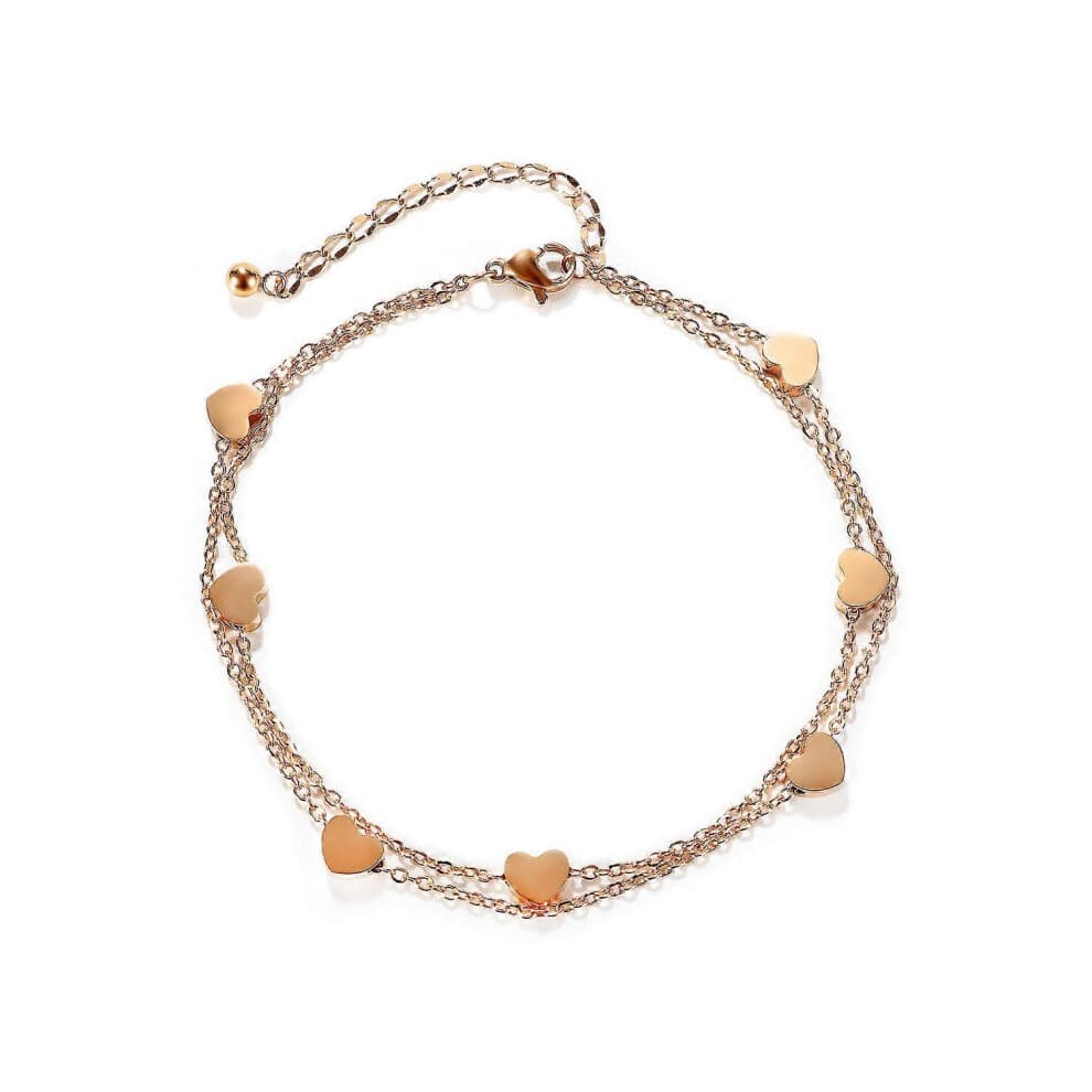 (As show, One size) Heart Shaped Rose Gold Ladies Anklet Double Chain Ladies Anklet Love Anklet Stainless Steel Titanium Anklet