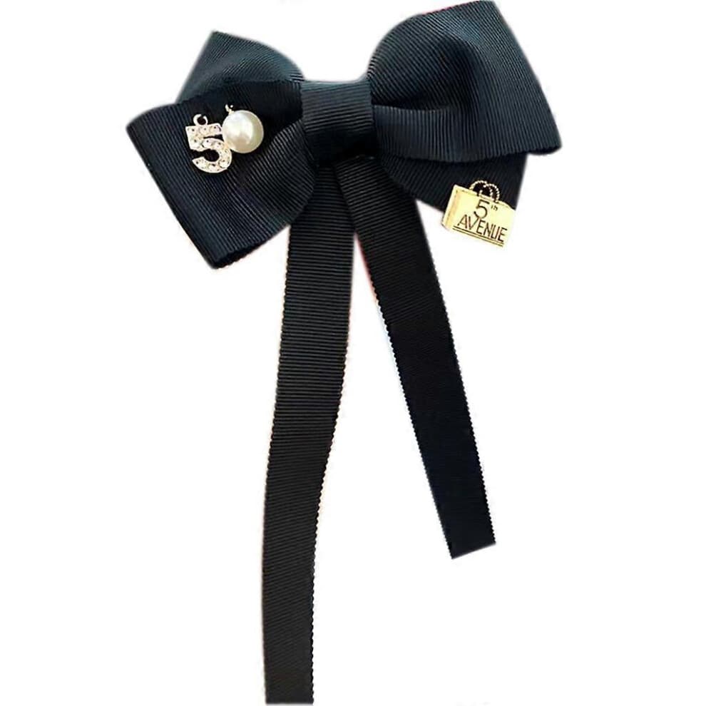 (As show, One size) Women Long Ribbon Bow Tie Brooch Number 5 Letter Imitation Pearl Lapel Pin Shawl Buckle Jewelry Corsage Necktie  White