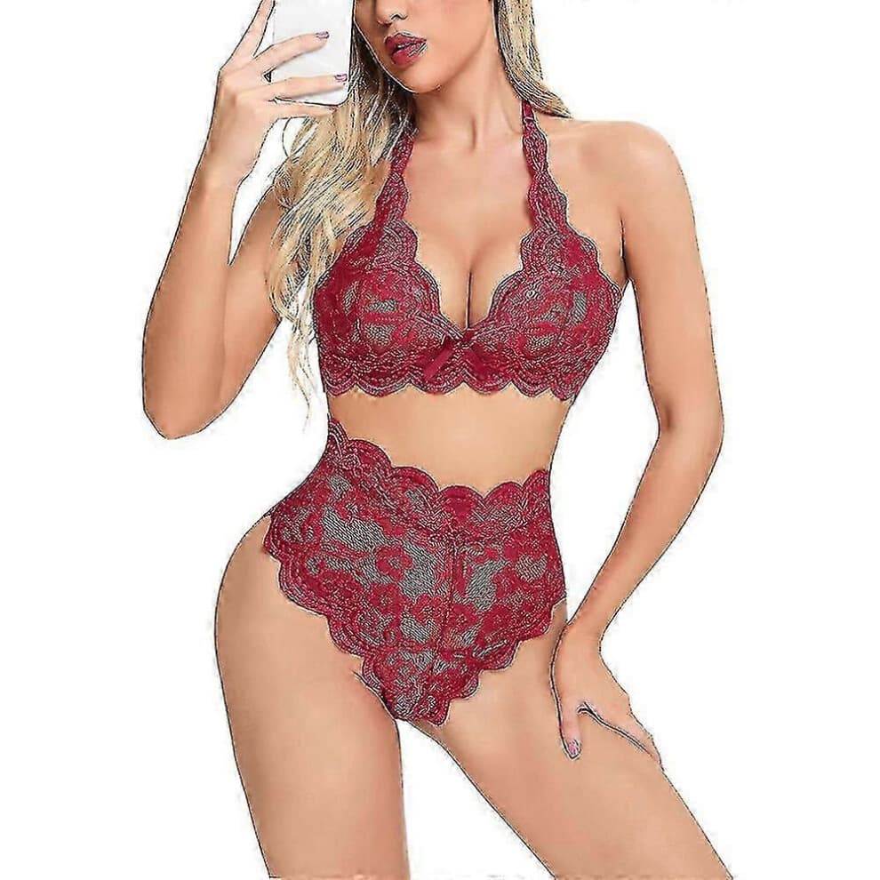 (Wine Red, L) Ladies Lace Lingerie Set Bra Waist Panties Sexy Underwear