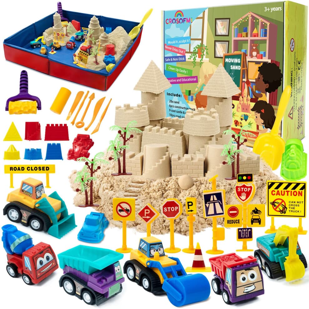 CROSOFMI Play Sand for Kids 2lbs Magic Sand with 6 Construction Vehicles 10 Road Signs and Foldable Sandbox and Moulds and Tools Toys for Boys Girls 3