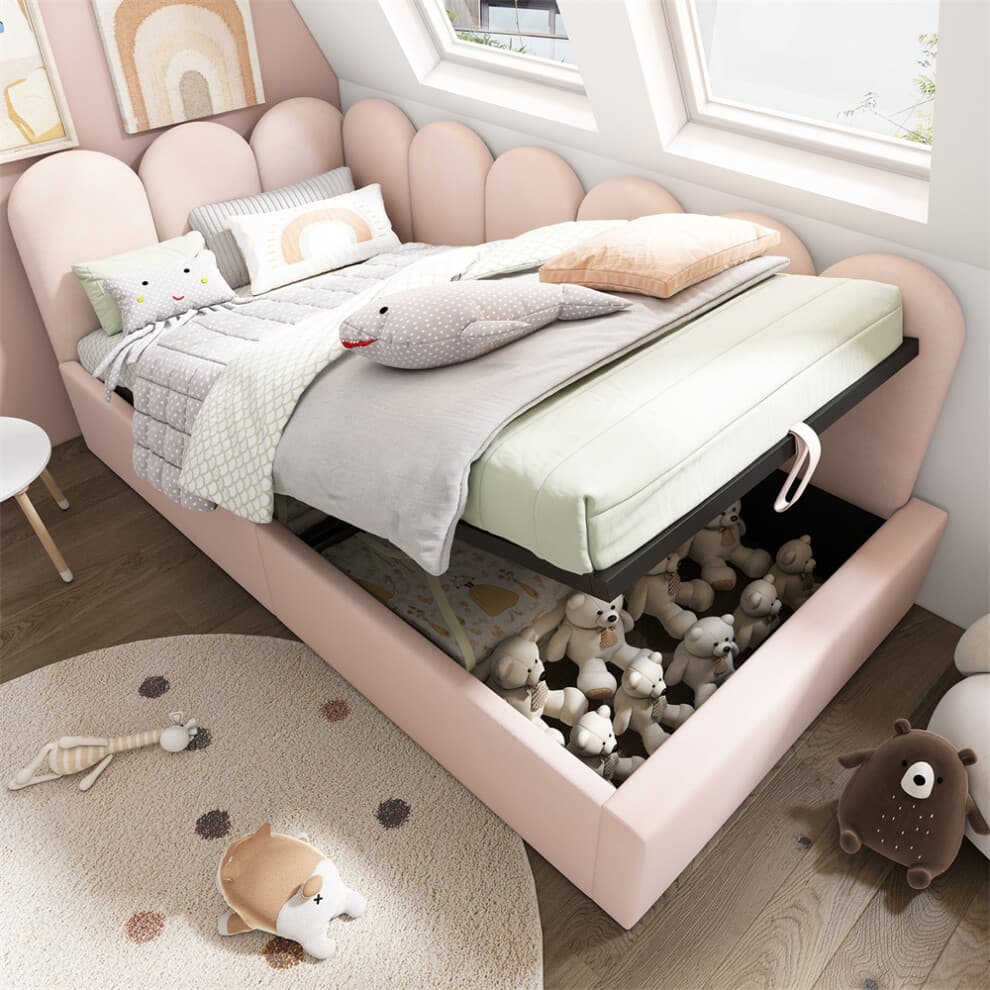 3ft Pink Velvet Ottoman Daybed, Hydraulic Storage & Metal Frame