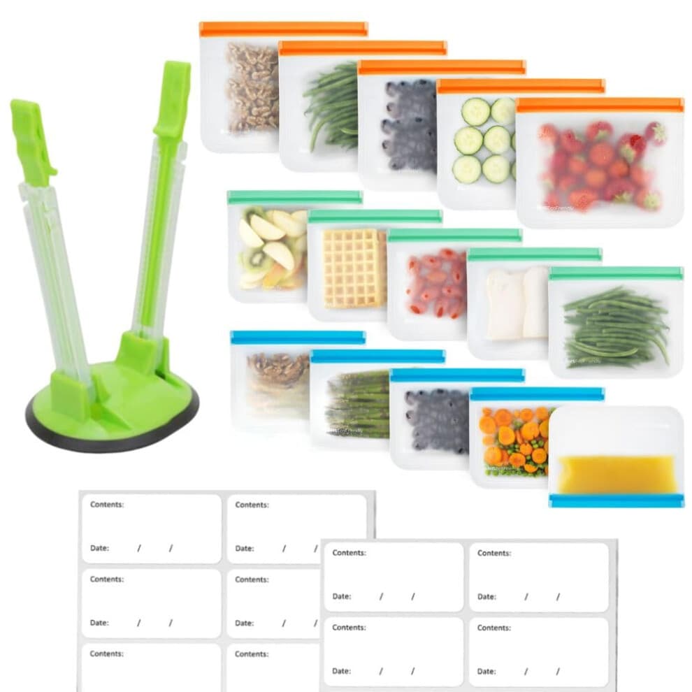 MHSEcoFriendly? Meal Prep Storage Kit ? 15 Reusable, Degradable Leakproof Freezer Bags, Baggy Rack & 20 Strong Labels | BPA-Free, Dishwasher Safe,