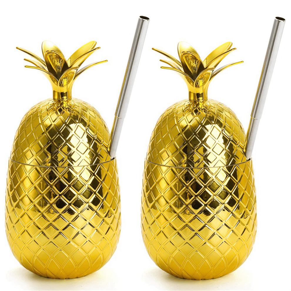 2 Pack Pineapples Drink Cups, 450Ml Gold Tumbler w