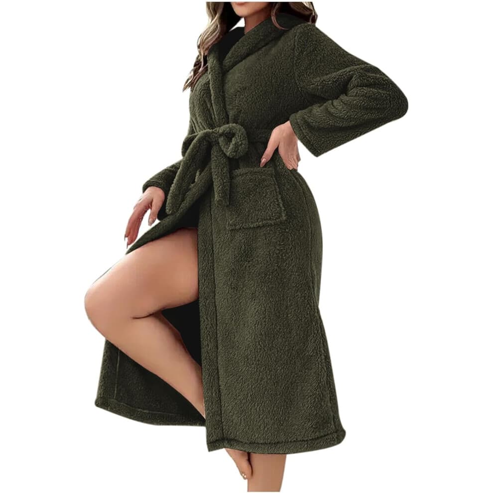 (XL, 001* Army Green) Womens Robes Hooded Fleece Robe Long Plush Soft Fluffy Fuzzy Bathrobe Belted Cozy Warm Lightweight Sherpa Shaggy Bathrobes for W