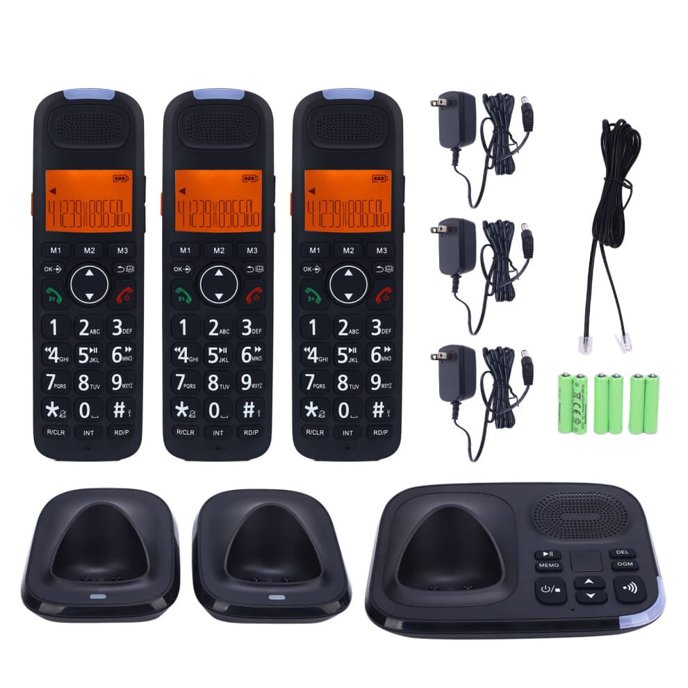 (EU Plug) 3 Handset Cordless Phone with Answering Machine Caller ID US Plug