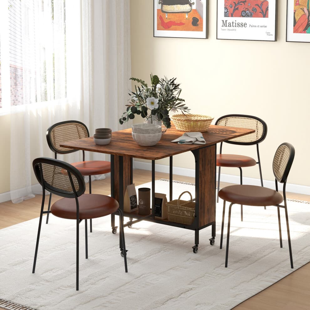 HOMCOM Mobile Drop Leaf Dining Table on Wheels with Storage Shelf Rustic Brown