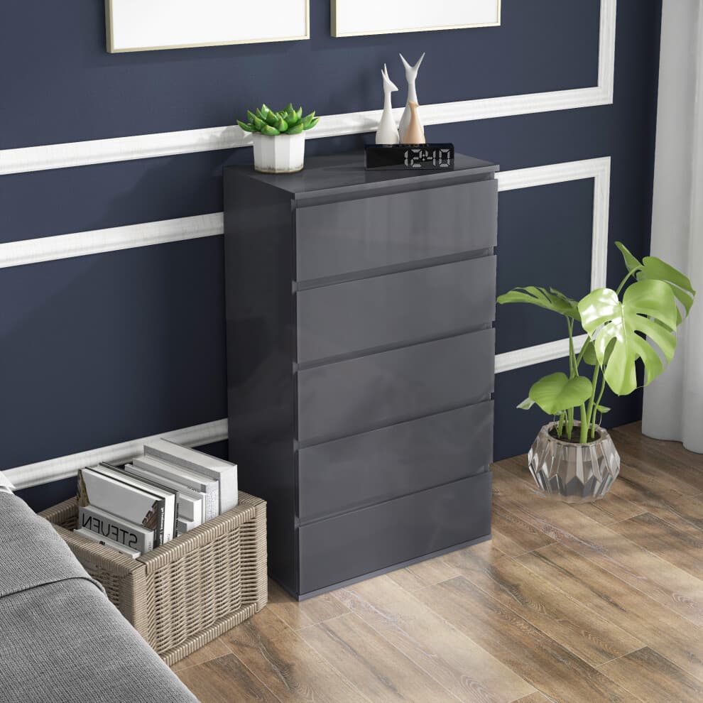 HOMCOM Bedroom Chest of Drawers, High Gloss 5 Drawers Dresser, Grey
