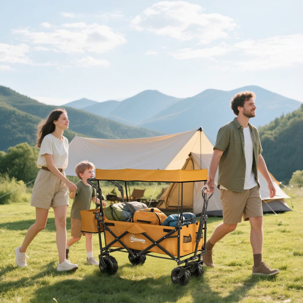 Outsunny Outdoor Push Pull Wagon Stroller Cart w/ Canopy Top Orange