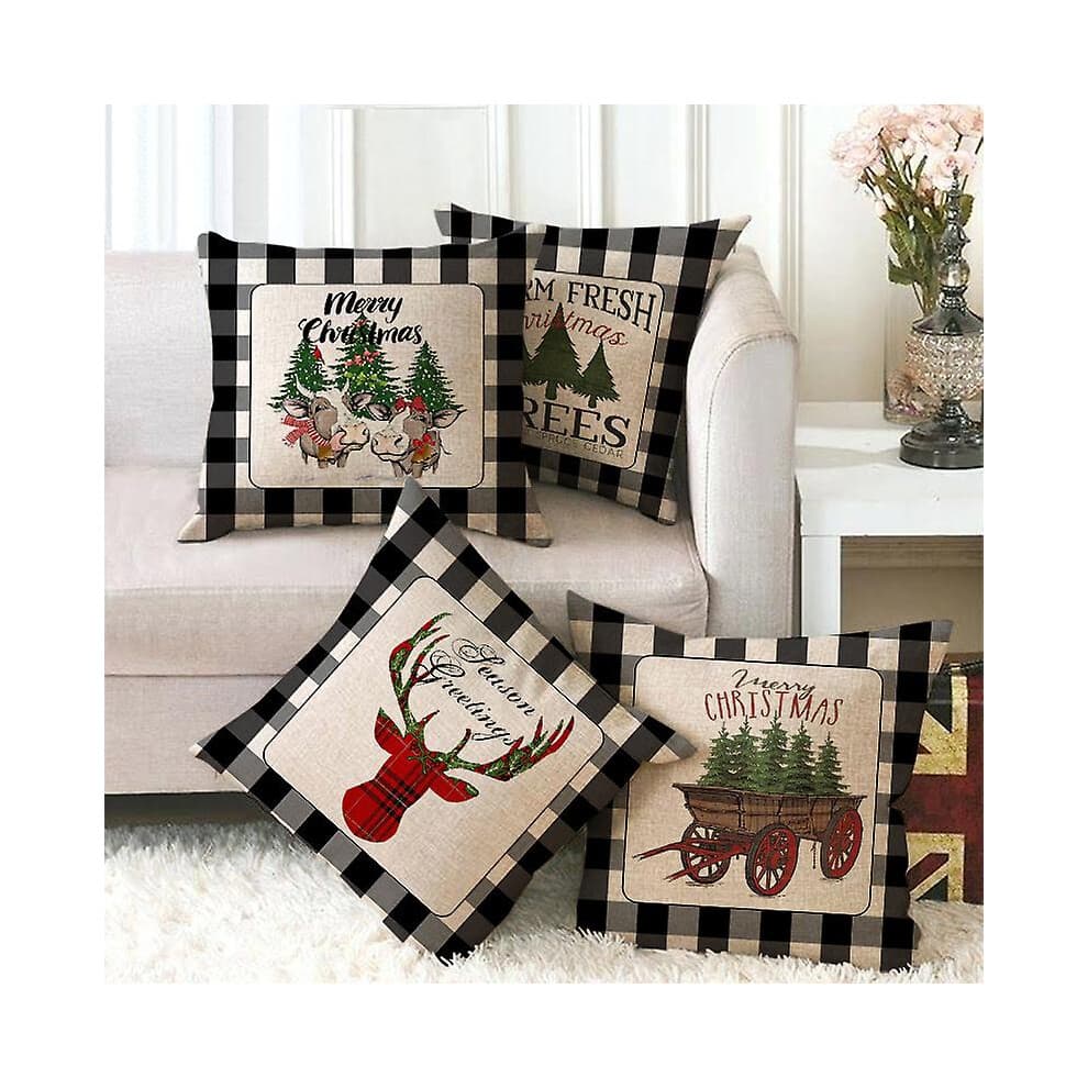 (As show, One size) Merry Christmas Moose Throw Pillow Covers, 18 x 18 Inch Winter Holiday Cushion Cover Decoration for Couch Slip Cover, Set of 4