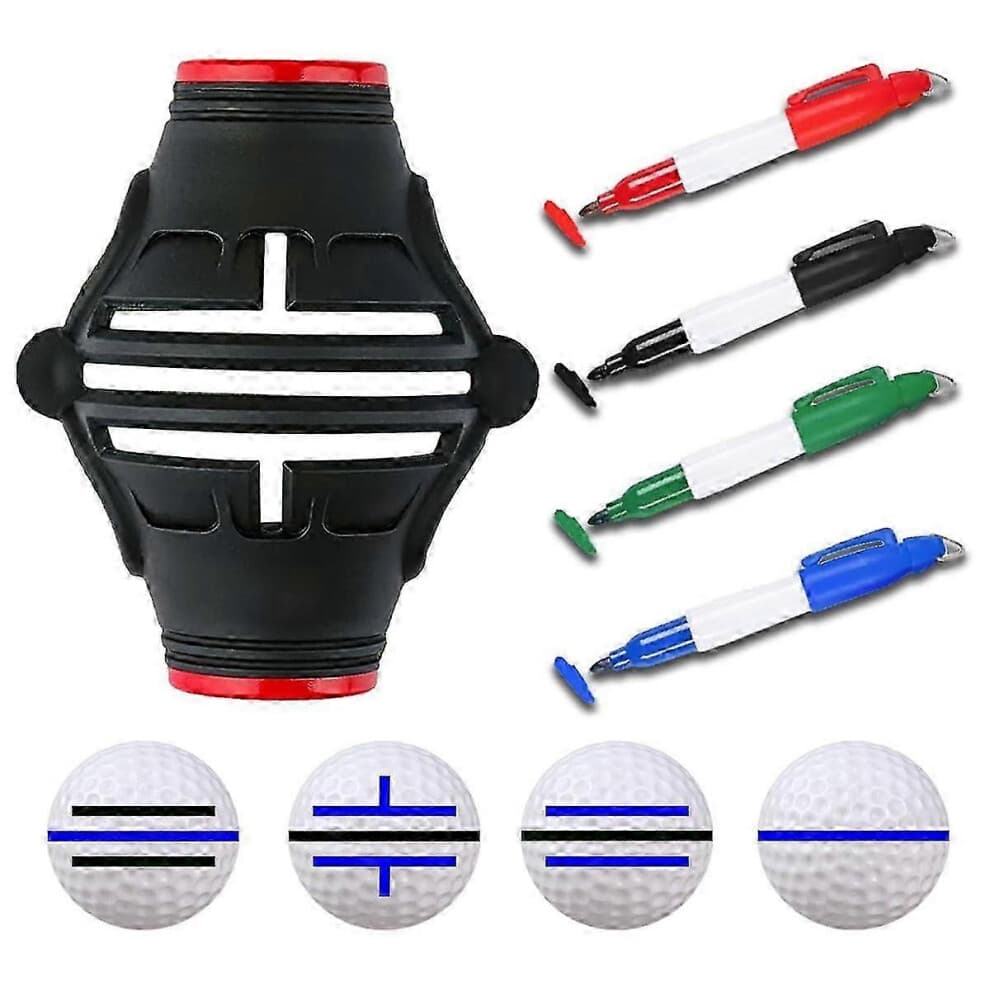 (As show, One size) Golf Ball Marker Stencil with 4 Color Marker Pens, 360/180 Triple Line Golf Ball Markers, Golf Ball Liner Drawing