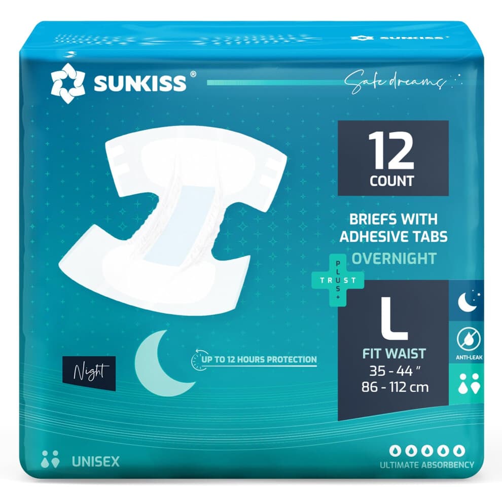 SUNKISS TrustPlus Overnight Adult Diapers with Tabs Unisex Disposable Incontinence Briefs for Men and Women Odor Control Large 12 Count