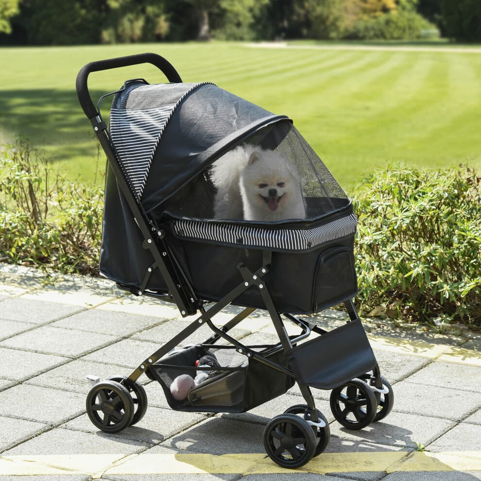 PawHut Pet Stroller Dog Foldable Travel Carriage with Reversible Handle, Black