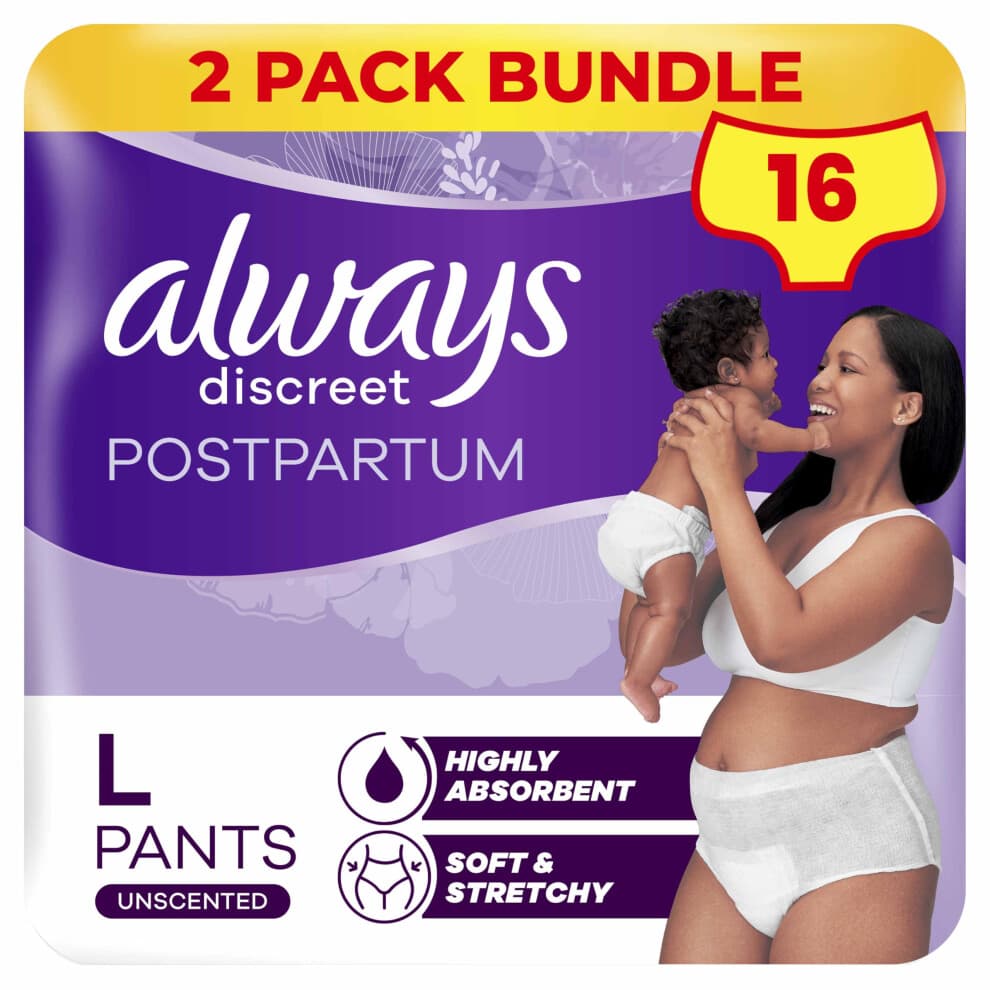 Always Discreet Postpartum & Adult Incontinence Pants High-Waisted Maternity Knickers Super Absorbent, Soft & Breathable Size Larg