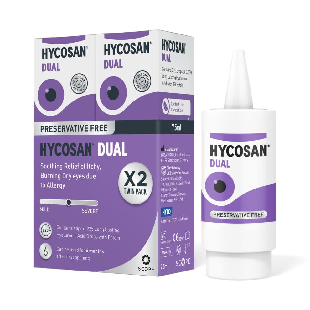 Hycosan Dual Twin Pack - Double Action Eye Drops with Hyaluronic Acid and Ectoin for Soothing Relief of Itchy, Burning or Dry Eyes