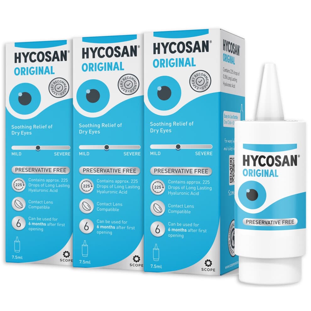 Hycosan Original - Triple Pack - Preservative Free Eyedrops - Sodium Hyaluronate 0.1% - Eye Drops for Mild to Moderate Dry Eye Symptoms and Contact L