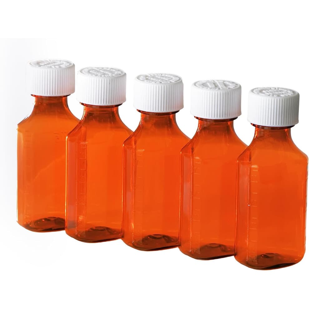 Plastic 4 oz Amber Liquid Medicine Bottles with Child Resistant Caps - 4 Ounces Capacity - Oval Pharmaceutical Prescription Dispensing Bottle with Sa
