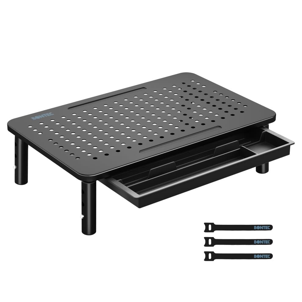 BONTEC Monitor Stand with Drawer, 3 Height Adjustable Monitor Riser for Desk, Mesh Platform for Laptop, Computer, iMac, Printer up