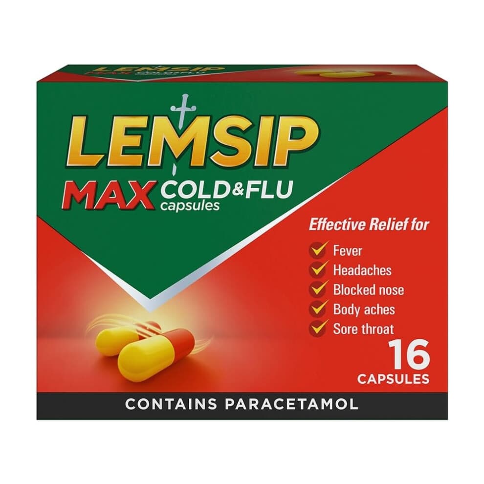 Lemsip Max Cold and Flu, Paracetamol Capsules, Lemon, 16 Total, Fever,