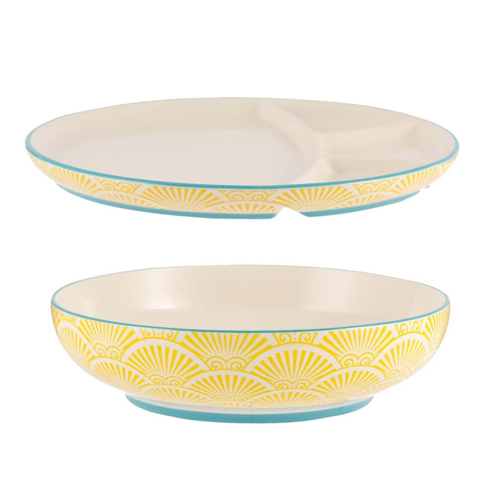 Multi-Cuisine Bowl & Divider Plate Stoneware Curry Bowl Bread & Dip Plate 23cm