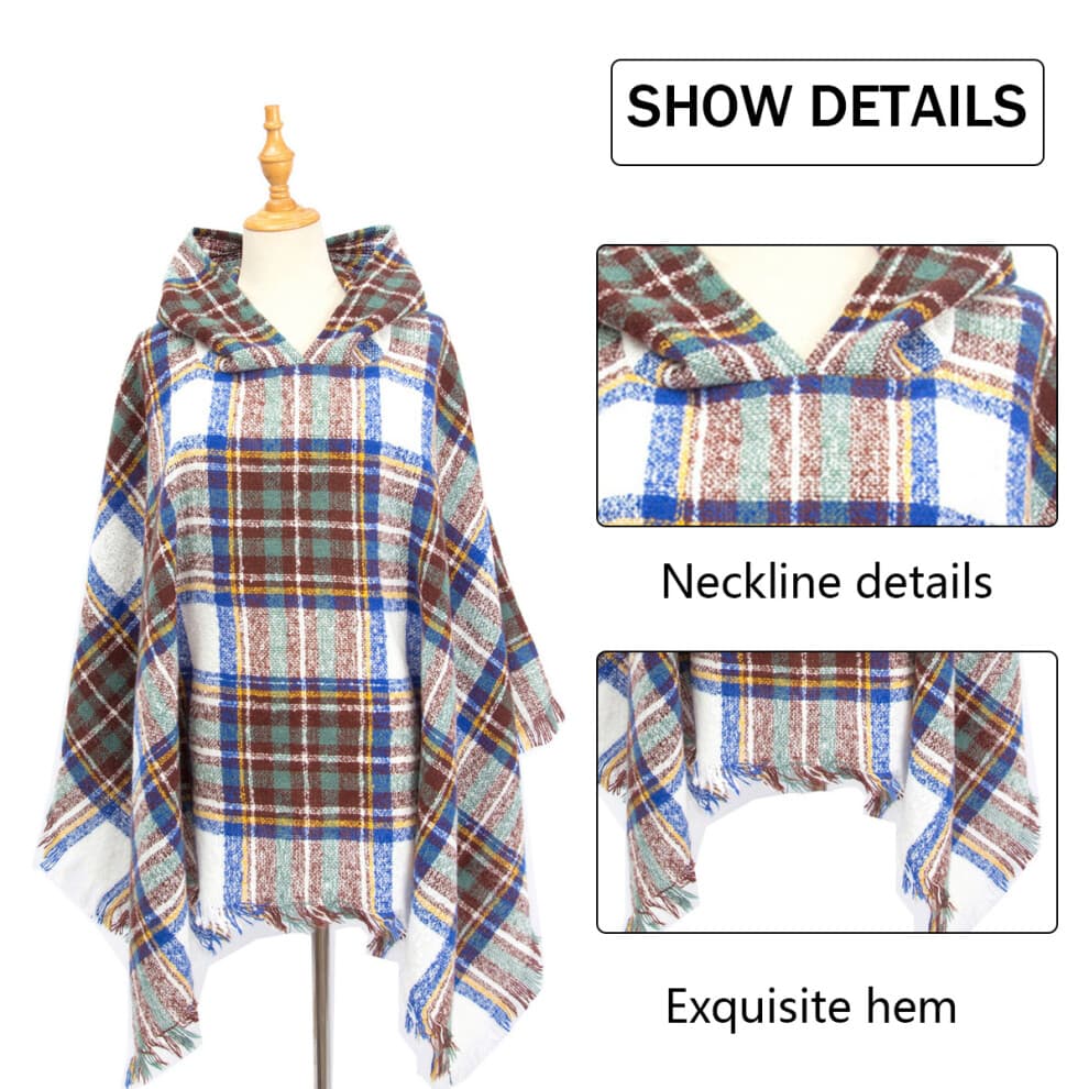 Women's Plaid Hooded Cape Shawl Blanket Poncho Hoodie Cape Shawl with Tassels